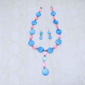 Handmade Y Necklace and Earrings Set Women Blue and Pink Shell Beads Tropical